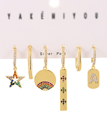 Fashion Gold 6-piece Set Of Copper Inlaid Zircon Pentagram Letter Earrings