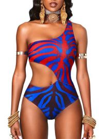Fashion Red And Blue Totem Polyester Print One-shoulder Cutout One-piece Swimsuit