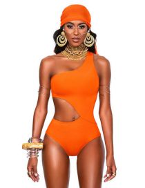 Fashion Orange Polyester Print One-shoulder Cutout One-piece Swimsuit