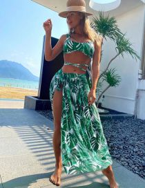 Fashion Green Flower Three-piece Printed Lace-up Swimsuit