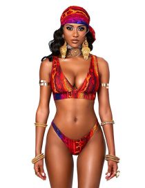 Fashion Red And Yellow Totem Polyester Printed Split Swimsuit