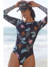 Fashion Black Polyester Print Long Sleeve One Piece Swimsuit