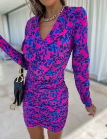 Fashion 3# Long Sleeve V-neck Printed Hip Dress