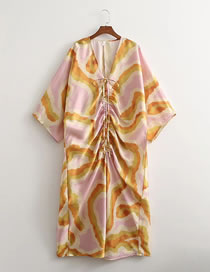 Fashion Color Satin-print V-neck Drawstring Dress