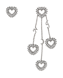 Fashion White Alloy Diamond Heart Tassel Letter Asymmetric Stud Earrings