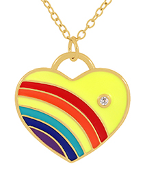 Fashion Yellow Bronze Zircon Drop Oil Rainbow Heart Pendant Necklace
