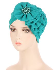 Fashion Green Polyester Gold Pleated Floral Beanie Hat
