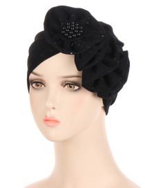Fashion Black Polyester Gold Pleated Floral Beanie Hat