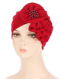 Fashion Big Red Polyester Gold Pleated Floral Beanie Hat