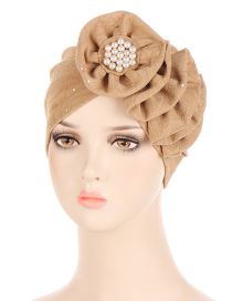 Fashion Khaki Polyester Gold Pleated Floral Beanie Hat