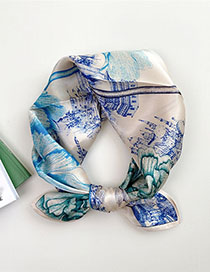Fashion 6z Peony Castle Green Blue Silk Print Knotted Scarf