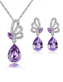 Fashion Light Purple Alloy Inset Water Drop Diamond Butterfly Stud Earrings Set