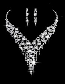 Fashion Silver Geometric Diamond And Pearl Necklace And Earrings Set