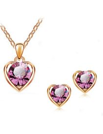 Fashion Gold + Rose Red Alloy Set Heart Diamond Stud Necklace Set