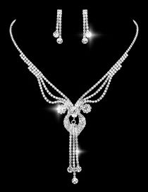 Fashion Silver Geometric Rhinestone Tassel Drop Earrings Necklace Set