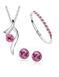 Fashion Rose Red Alloy Diamond Geometric Stud Earrings Bracelet Necklace Set