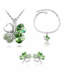 Fashion Green Alloy Diamond Four Leaf Clover Stud Earrings Bracelet Necklace Set