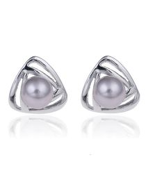 Fashion Silver Grey Alloy Pearl Triangle Stud Earrings