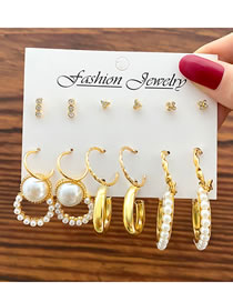 Fashion Gold Geometric Pearl And Diamond Earrings Set