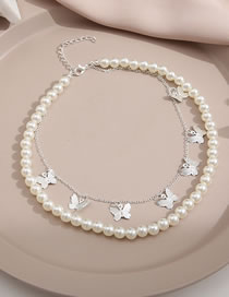 Fashion White Pearl Beaded Butterfly Double Layer Necklace