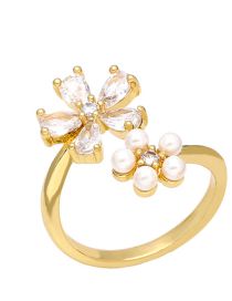 Fashion A Bronze Zirconium Flower Pearl Open Ring