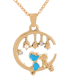Fashion Blue Alloy Drop Oil Set Diamond Cat Pendant Necklace