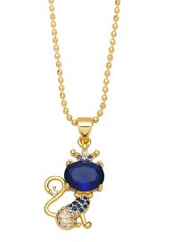 Fashion Dark Blue Bronze Zirconium Crown Cat Necklace