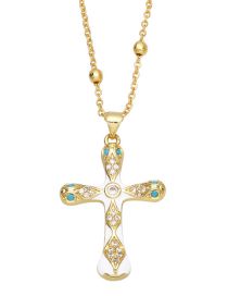 Fashion White Copper Drop Oil And Diamond Cross Necklace