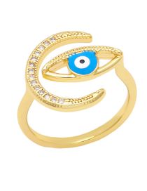 Fashion Light Blue Bronze Diamond Drop Oil Eye Crescent Open Ring