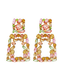Fashion Pink + Yellow Alloy Diamond Geometric Trapezoid Stud Earrings
