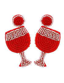Fashion Red Geometric Diamond Rice Bead Braided Wine Glass Stud Earrings