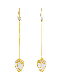 Fashion Gold Brass Diamond Geometric Cat's Eye Tassel Drop Earrings
