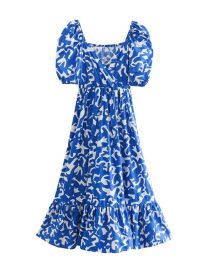 Fashion Blue Printed Square Neck Dress