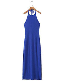 Fashion Blue Blend Halterneck Lace-up Dress