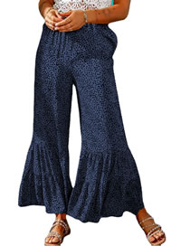 Fashion Navy Blue Blend Print Flared Trousers