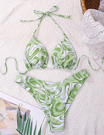 Fashion Green Polyester Print Halter Tie Split Swimsuit
