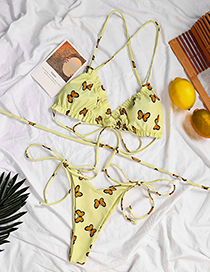 Fashion Yellow Polyester Print Halter Tie Split Swimsuit