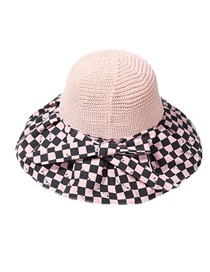 Fashion Pink Straw Checkerboard Large Brim Black Sun Hat