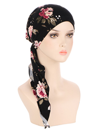 Fashion Big Black Flower Polyester Print Long Tail Pullover Cap