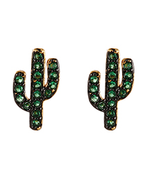 Fashion Green Bronze Zircon Drop Oil Cactus Stud Earrings