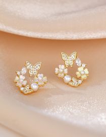 Fashion Gold Color Copper Inlaid Zirconium Butterfly Fritillary Flower Stud Earrings