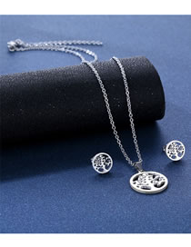Fashion Silver Color Titanium Steel Glossy Tree Of Life Stud Necklace Set
