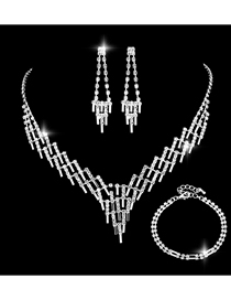 Fashion Silver Geometric Diamond Stud Necklace Bracelet Set