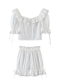 Fashion White Cotton Lace One-shoulder Top Pleated Shorts Set