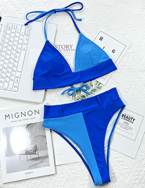 Fashion Blue Nylon Colorblock Halter Tie Split Swimsuit