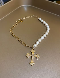 Fashion Gold Alloy Diamond Cross Pearl Beaded Chain Necklace