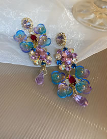 Fashion Purple Geometric Diamond Asymmetric Crystal Flower Drop Earrings