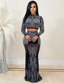 Fashion Black Mesh And Diamond See-through Long-sleeved Long Dress Two-piece Set