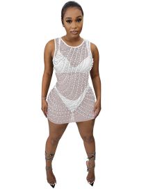 Fashion X5651-white Hot-drilled Mesh See-through Round Neck Dress