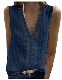 Fashion Navy Blue Lace Panel V-neck Sleeveless Chiffon Top